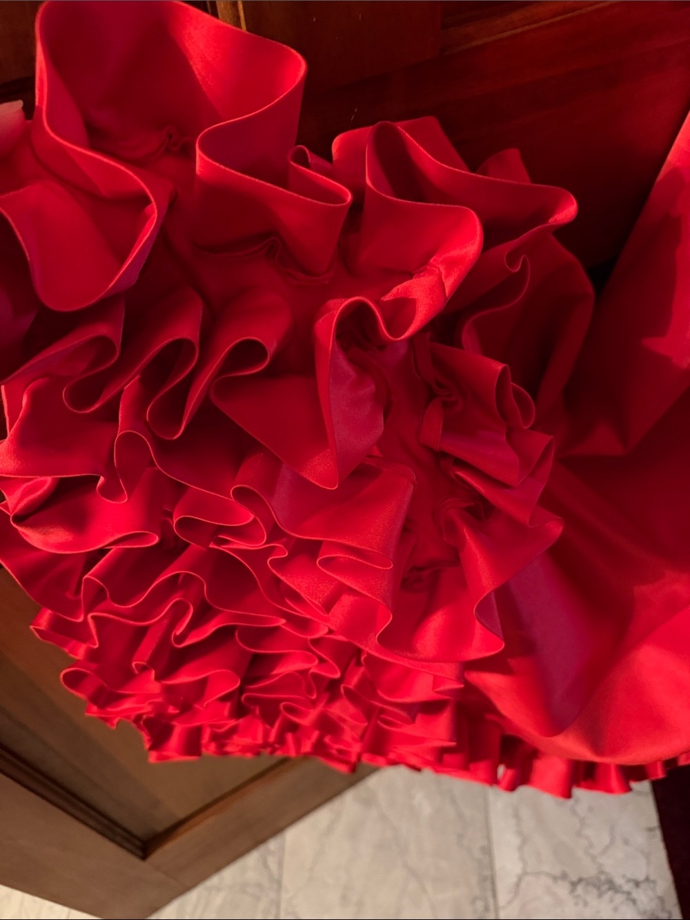 Rachel Allan Red High-Low Evening Gown with Ruffle Train - Picture 16 of 16